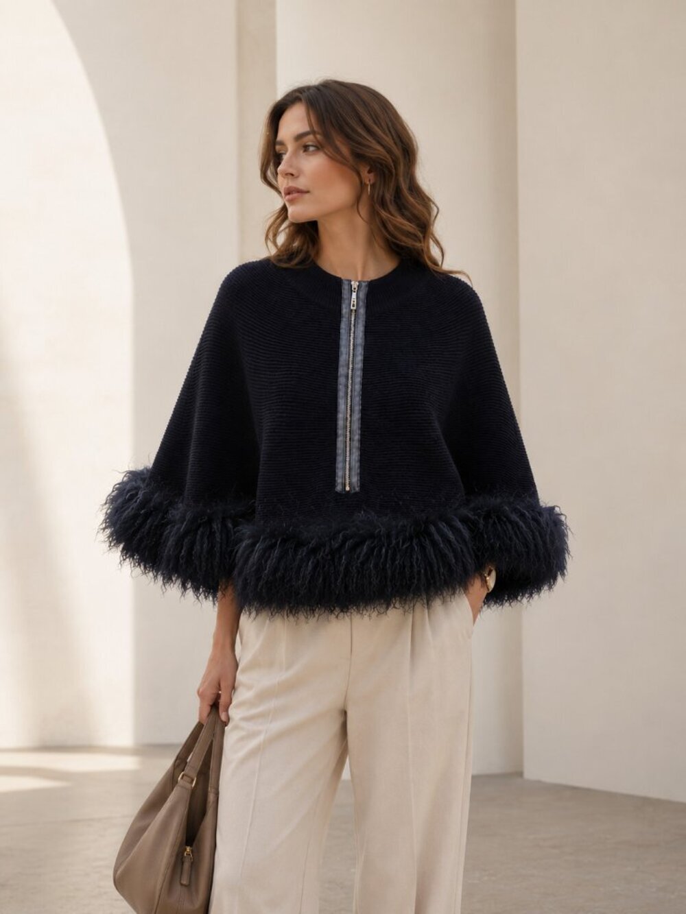 Nanette Lepore Black Merino Wool Cape Poncho Real Mongolian Lamb Fur Trim XS/S